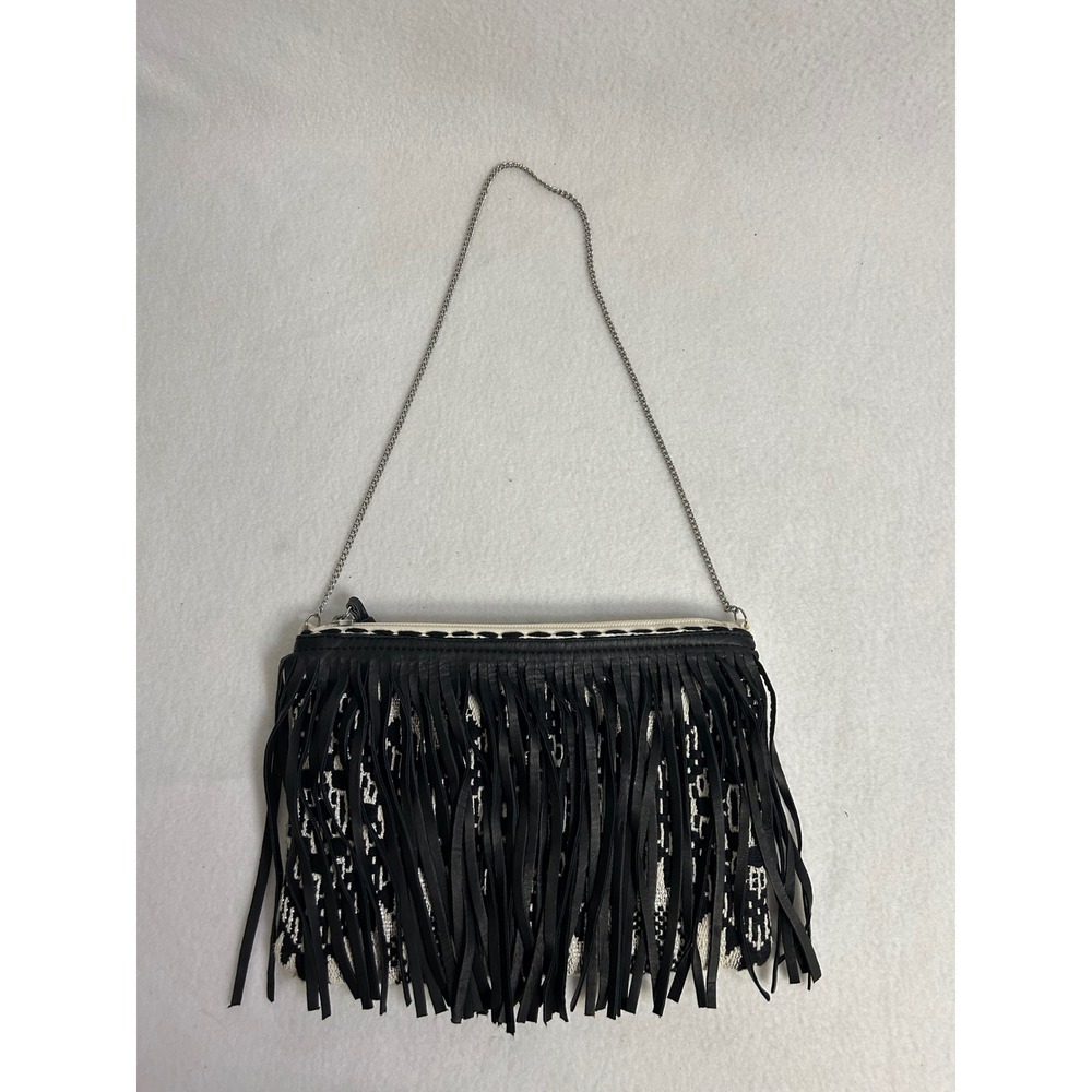 Boho‎ Southwestern Chico's Womens Small Black White Fringe Crossbody Clutch Bag